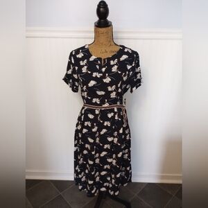 Few Moda Navy Floral Dress Cream Orange Ribbon Belt Button Accent Size S NWT